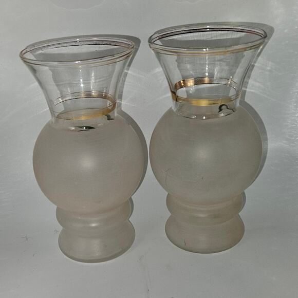 Pair Vintage 6" Frosted Glass Vases Hand Painted White Flowers Green Leaves Gold - Picture 3 of 8